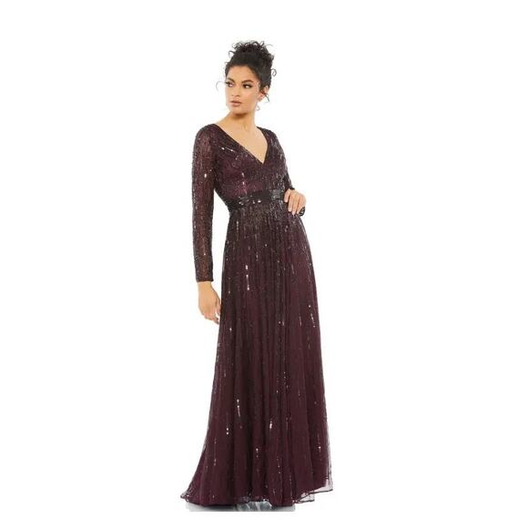 Mac Duggal 4977 Sequined & Bead Plunging V-Neck Mulberry Gown SZ 14 NWT - Picture 2 of 12